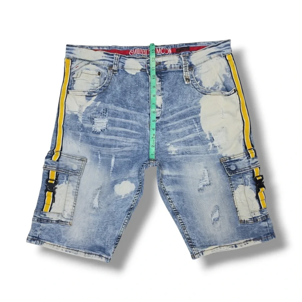 Smugglers Moon Distressed Dk Acid Wash Denim Cargo Shorts Lime Piping Men's 42